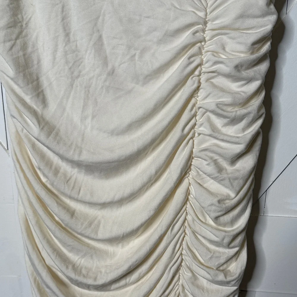 Klassy Network Cream Strapless Midi Dress with Thigh Slit